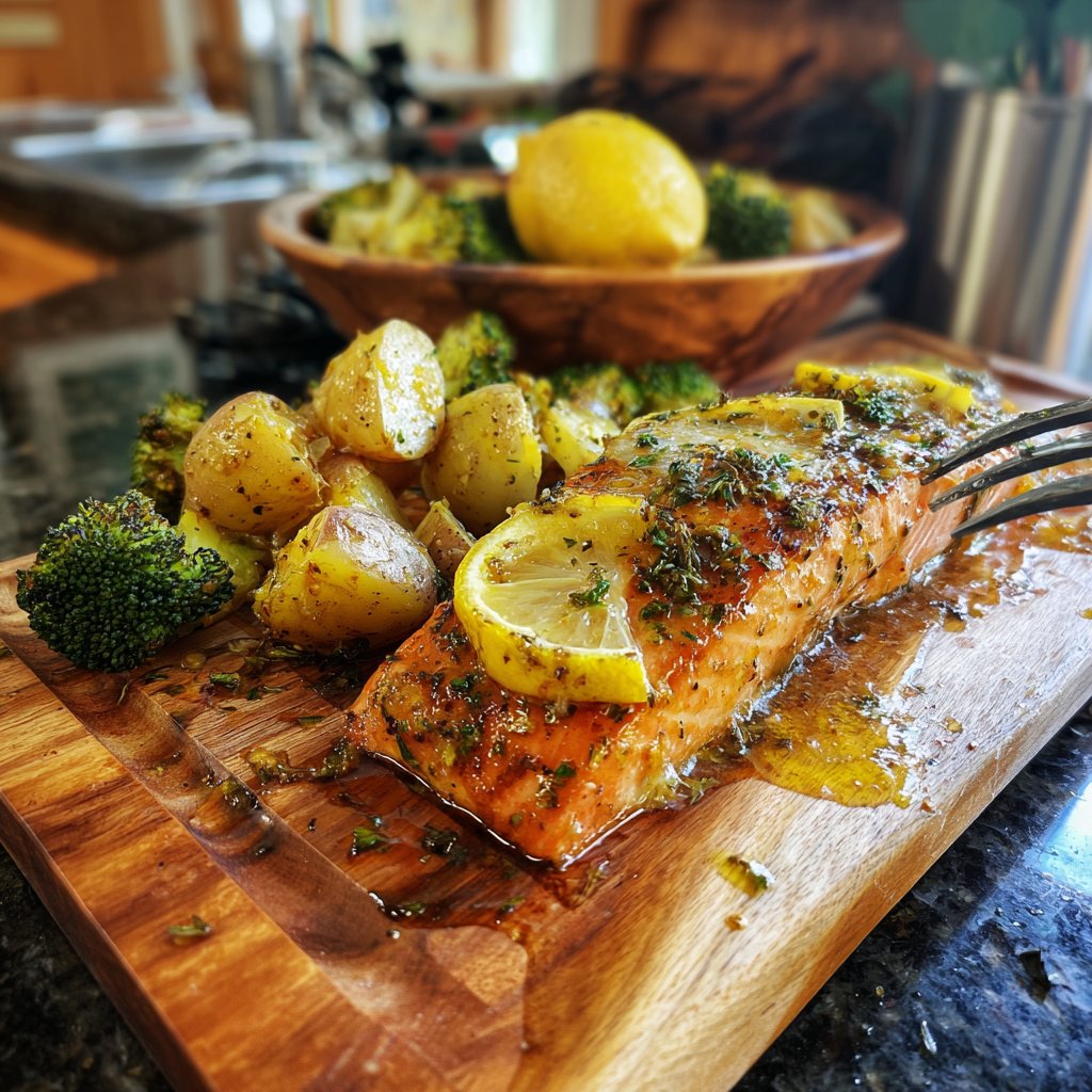 Lemon Butter Salmon with Herb Potatoes and Broccoli